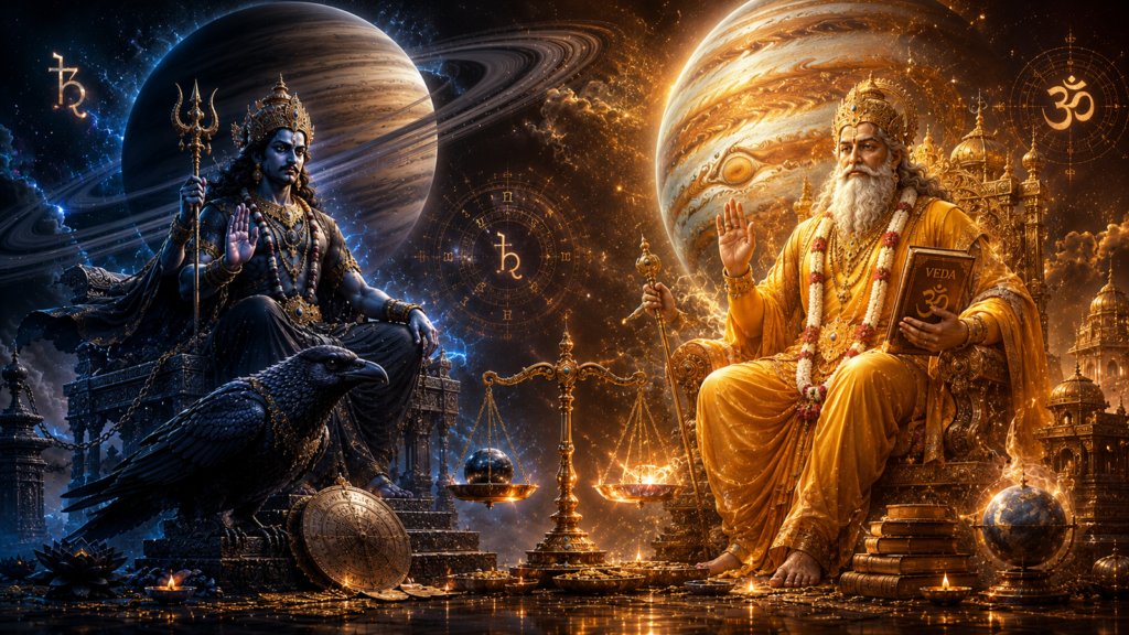 Blue-skinned god with a trident sits on a throne beside a golden sage holding a Veda book, against a cosmic backdrop of planets and symbols.