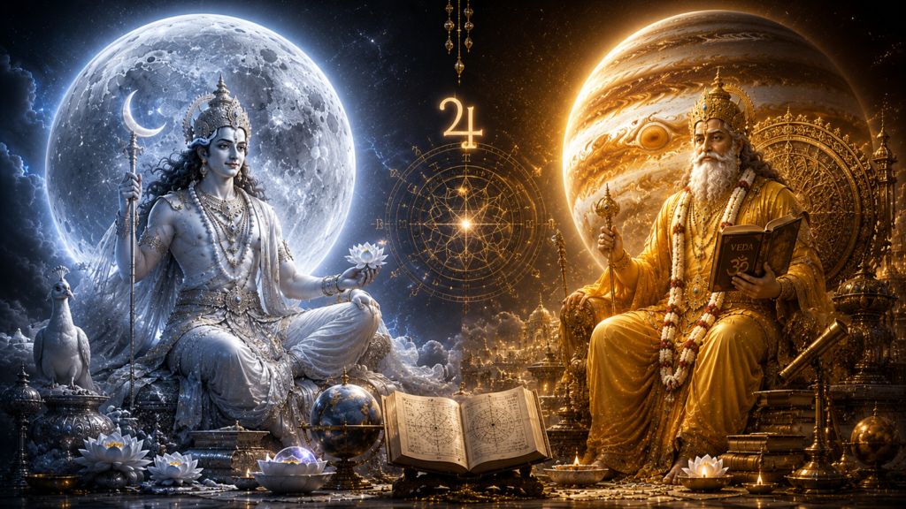 Two Hindu deities sit opposite each other: blue-skinned Lord Shiva with a trident and crescent moon on the left, and a gold-clad sage holding a Veda on the right, with celestial symbols and a glowing mandala between.