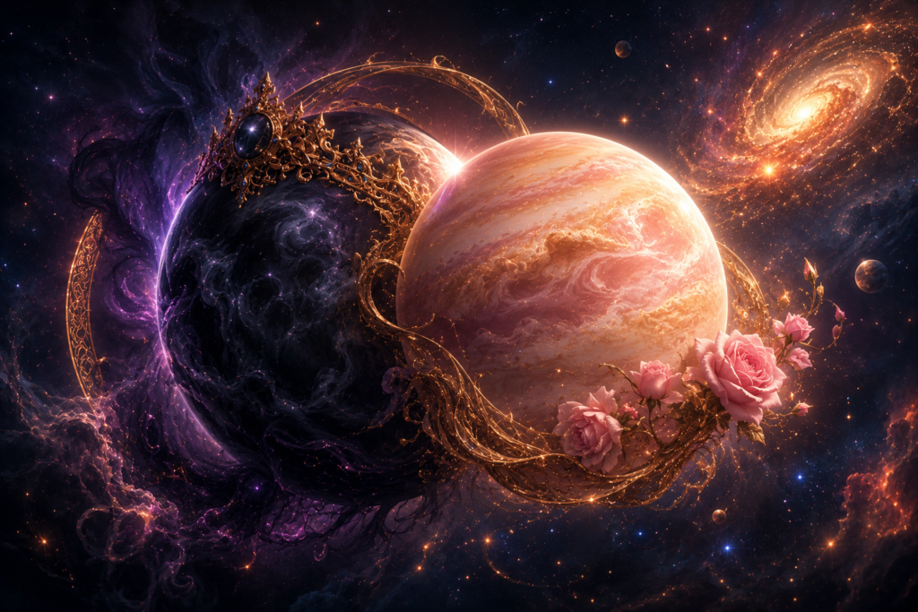 Cosmic scene with a pink marbled planet encircled by ornate golden rings and pink roses set against a starry nebula.