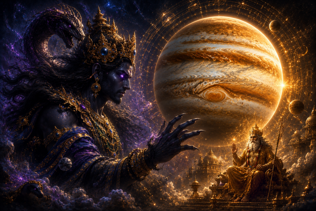 A golden-crowned, regal figure with dark, ornate armor and a dragon above his shoulder faces a seated, bearded king in gold robes, set against a glowing orange planet and starry cosmos.