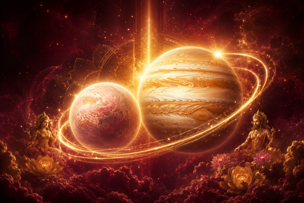 Two glowing planets with golden rings orbiting in a fiery cosmic scene; Hindu deities sit on lotus flowers below.
