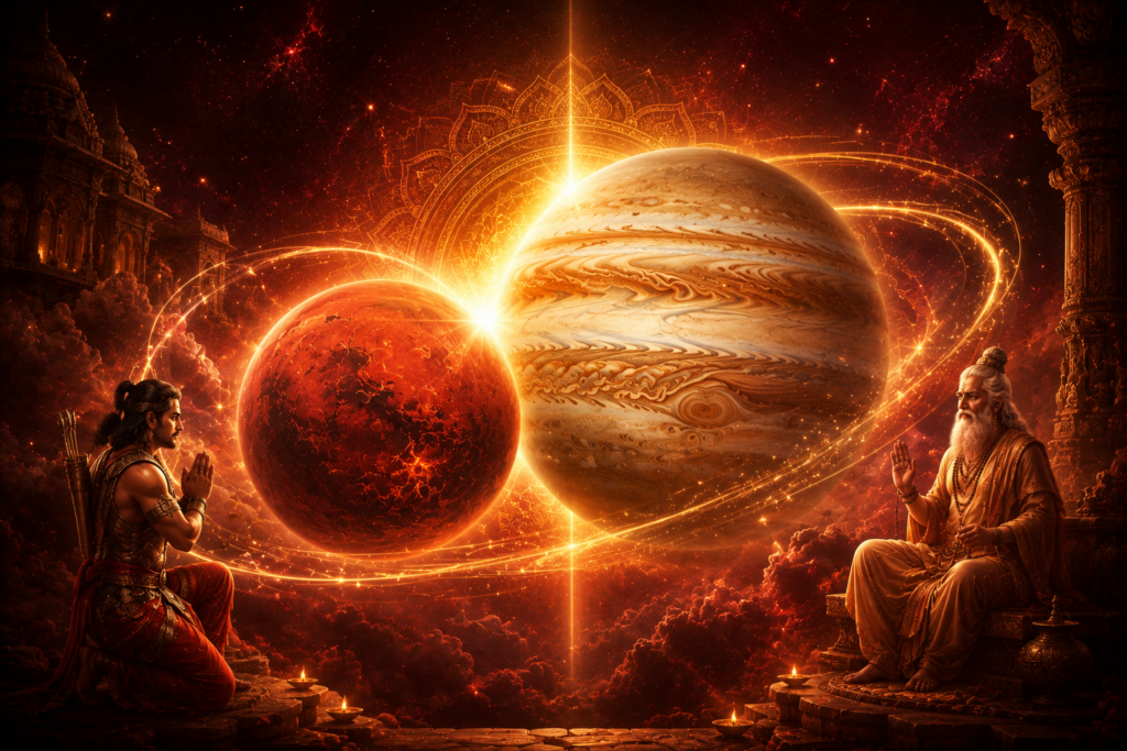 Two robed sages kneel and sit in prayer before a pair of glowing planets with fiery rings in a cosmic, orange-red landscape.