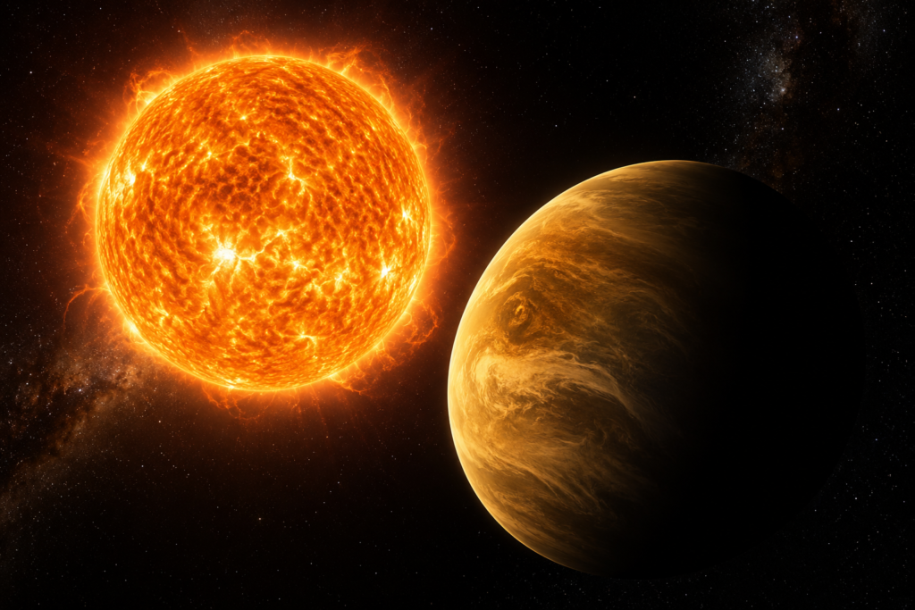 A blazing orange star on the left with a large yellow planet to its right, set against a dark starry background near the edge of the image.