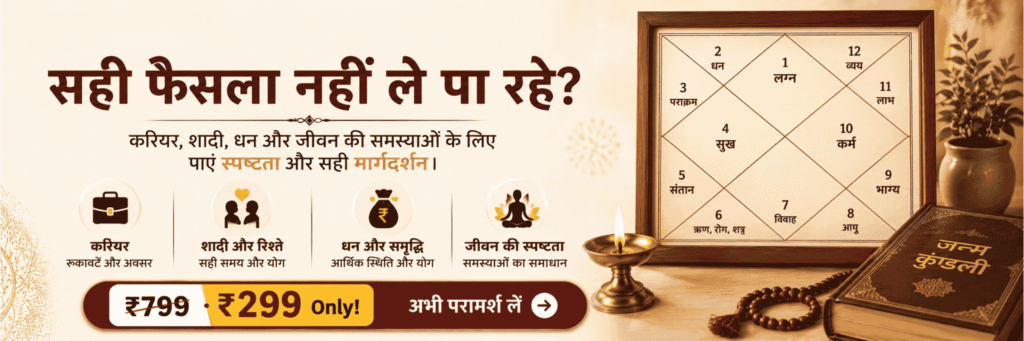 Promotional banner about future predicton by date of birth astrology offering guidance on career, marriage, wealth with a decorative horoscope chart and a lit lamp on the right side.