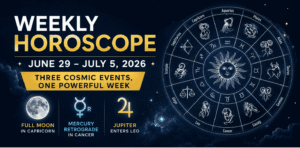 Weekly horoscope June 29 July 5 2026 featuring zodiac wheel, Full Moon, Mercury Retrograde, and Jupiter in Leo cosmic astrology theme.
