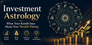 Promotional banner for Investment Astrology with a gold title, zodiac wheel, and stacked coins showing wealth growth.