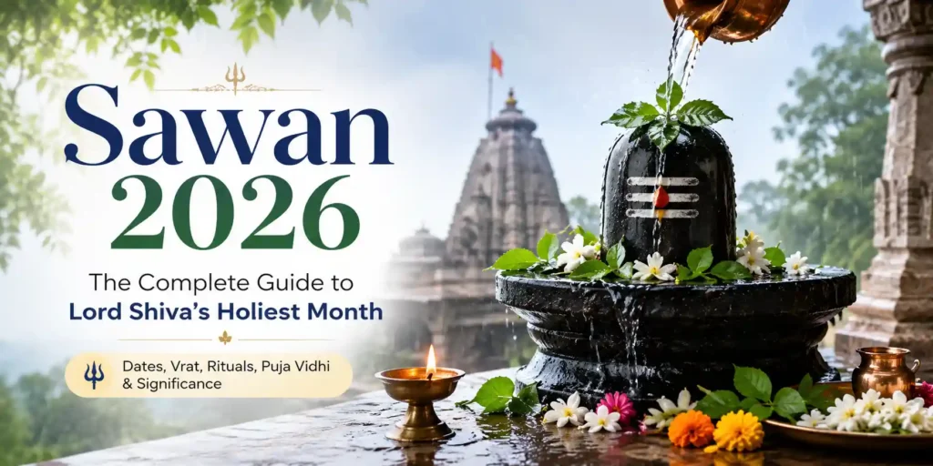Cover image: 'Sawan 2026' guide to Lord Shivaโs Holiest Month, featuring a Shiva lingam fountain with flowers and a temple in the background.