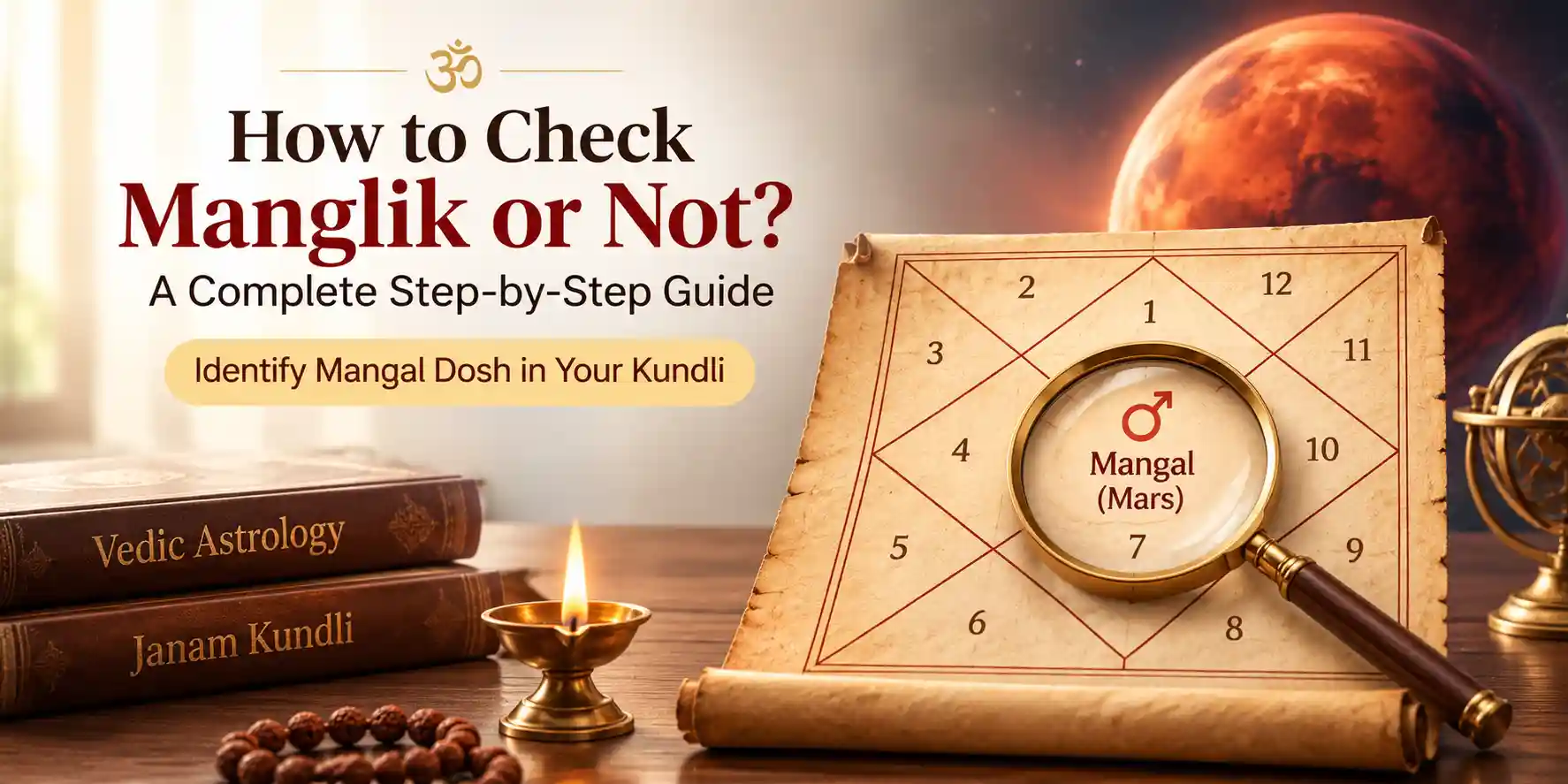 Promotional banner for a step-by-step guide to check Mangal Dosh in your Kundli, featuring a numbered astrology chart, magnifying glass, and Vedic Astrology books.