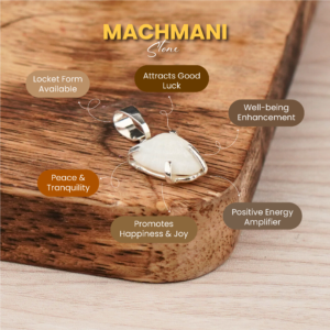 Wooden table background with a ring and multiple brown rounded badges listing benefits like 'Attracts Good Luck' and 'Peace & Tranquility'.