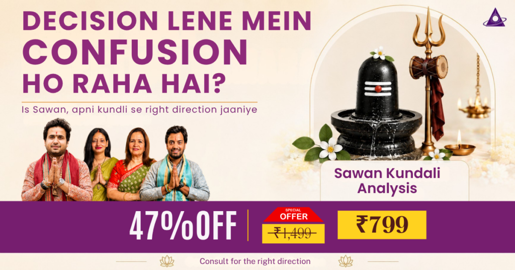 Banner ad for Sawan Kundali Analysis showing a family with folded hands on the left and a Shiva lingam with flowers on the right; headline asks 'Decision lene mein confusion ho rahi hai?', subtitle about Sawan, and a large 47% OFF offer with ₹799 price.