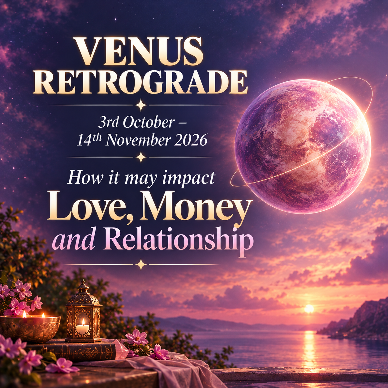 Poster for Venus Retrograde event: 3rd October–14th November 2026, about love, money, and relationships, set against a pink-purple space scene.