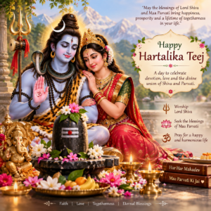 Poster celebrating Hartalika Teej with Lord Shiva and Parvati, flowers, offerings, and a devotional message about blessings and togetherness.