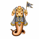 Naga serpent deity with humanoid upper body, gold jewelry, and a long snake tail; raising a hand in blessing and holding a staff with a gray and gold flag.