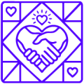 Two hands joining to form a heart, symbolizing care and support within a decorative diamond frame.