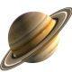 Saturn with its prominent ring system tilted at an angle against a white background, a gas giant planet.